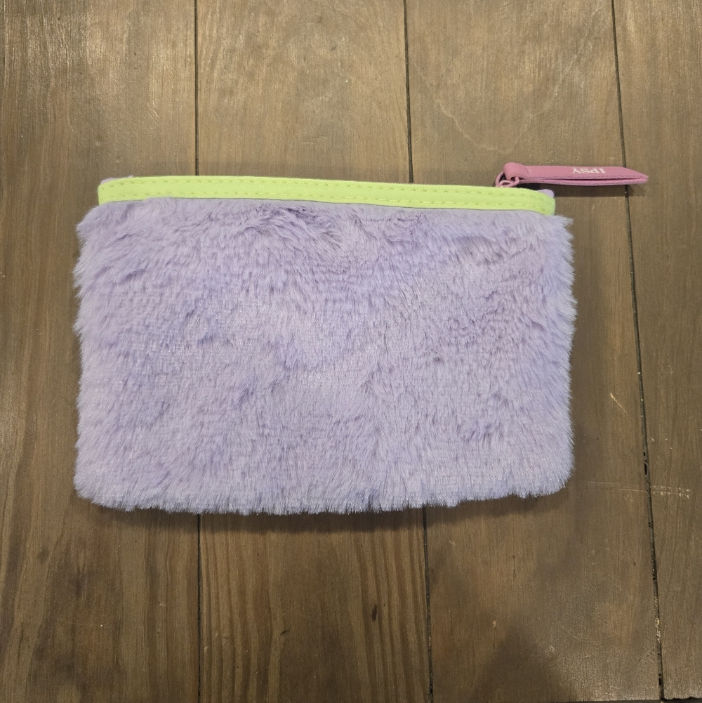 Fluffy Lavender Pouch with Neon Green Trim